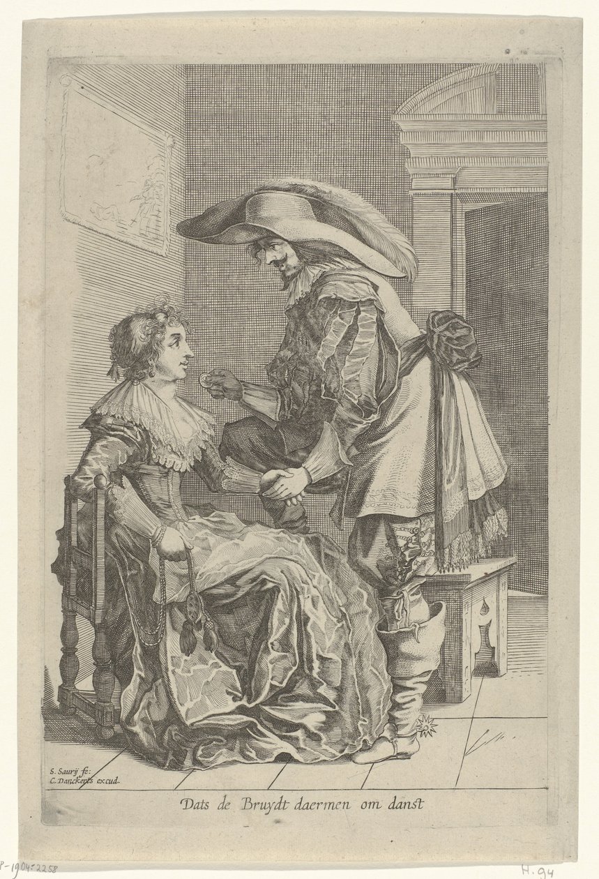Mand tilbyder en kvinde en mønt Dats de Bruydt daermen om danst (titel på objekt) af Salomon Savery