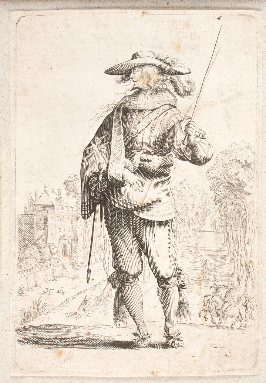 Stående soldat set i ansigtet, men med hovedet i venstre profil. Holder stafetten i venstre hånd af Salomon Savery