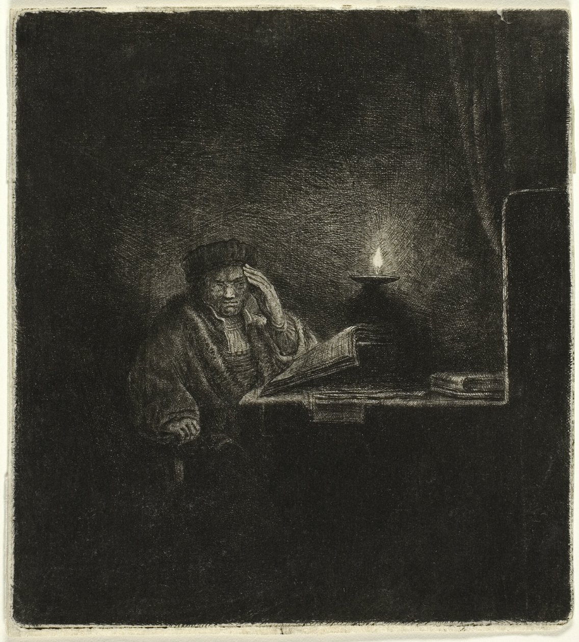 Student ved et bord ved levende lys af Salomon Savery