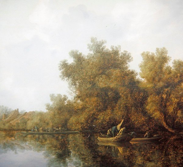 Et flodlandskab med fiskere i robåde, der løfter en fangst (olie på panel) af Salomon van Ruisdael or Ruysdael