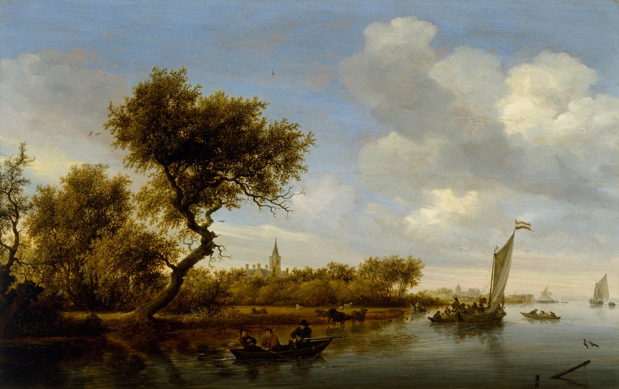 Flodlandskab med en kirke i det fjerne, ca. 1655-1660 (olie på træ) af Salomon van Ruisdael or Ruysdael