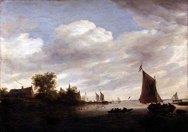 Flodmunding med sejlskibe (olie på panel) af Salomon van Ruisdael or Ruysdael