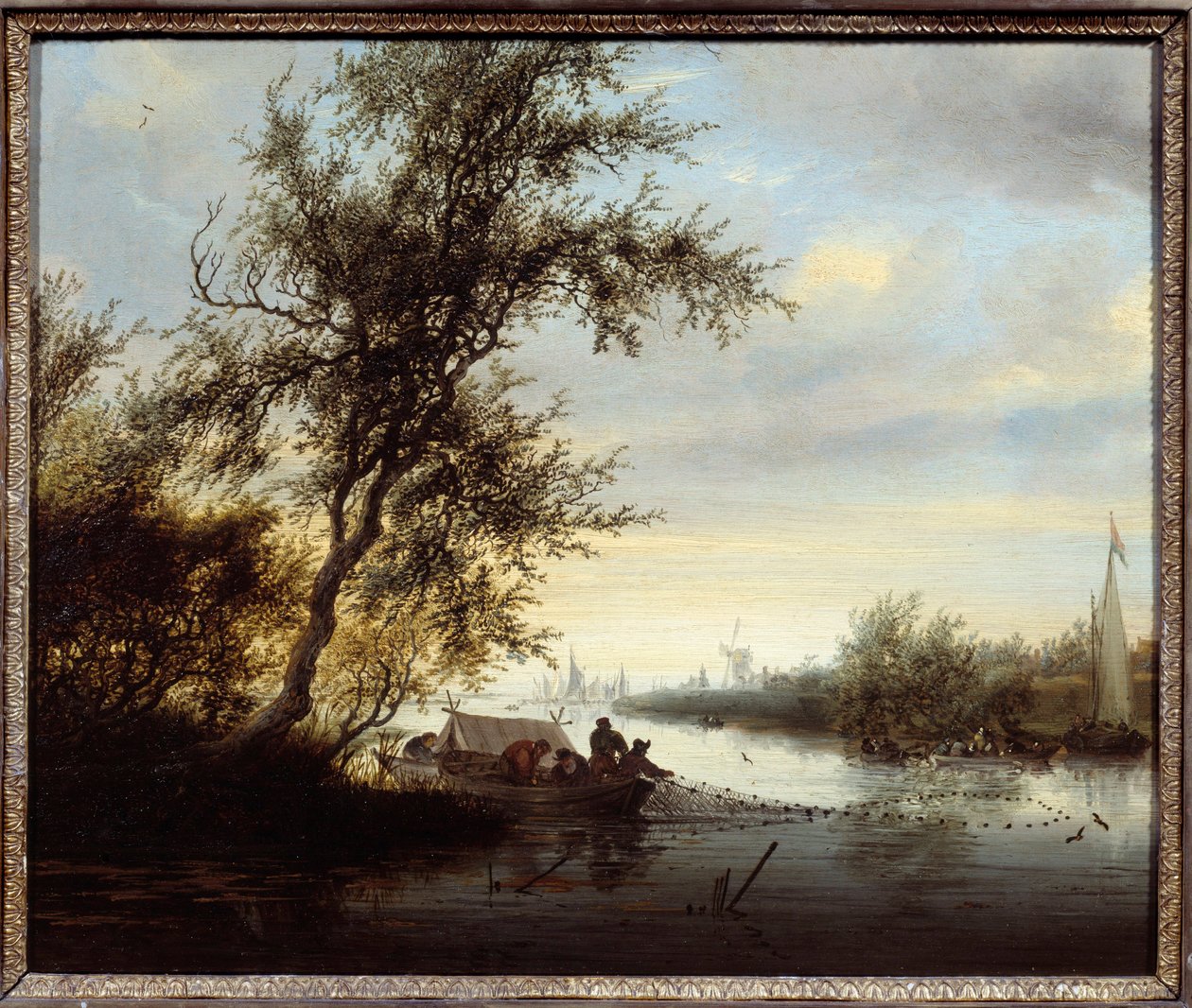 Søstre i et bådmaleri af Solomon Van Ruisdael (Ruysdael) (1600-1670) (Ec.Flam.) Compiegne fra det 17. århundrede, Castle Museum af Salomon van Ruisdael or Ruysdael