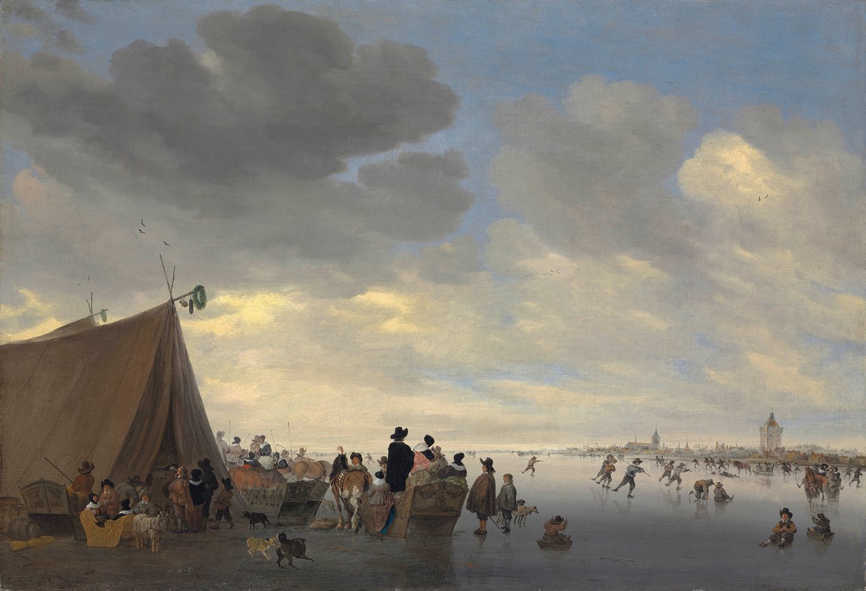 Skatere på den frosne flod Lek, byen Vianen hinsides, 1653 af Salomon van Ruisdael or Ruysdael