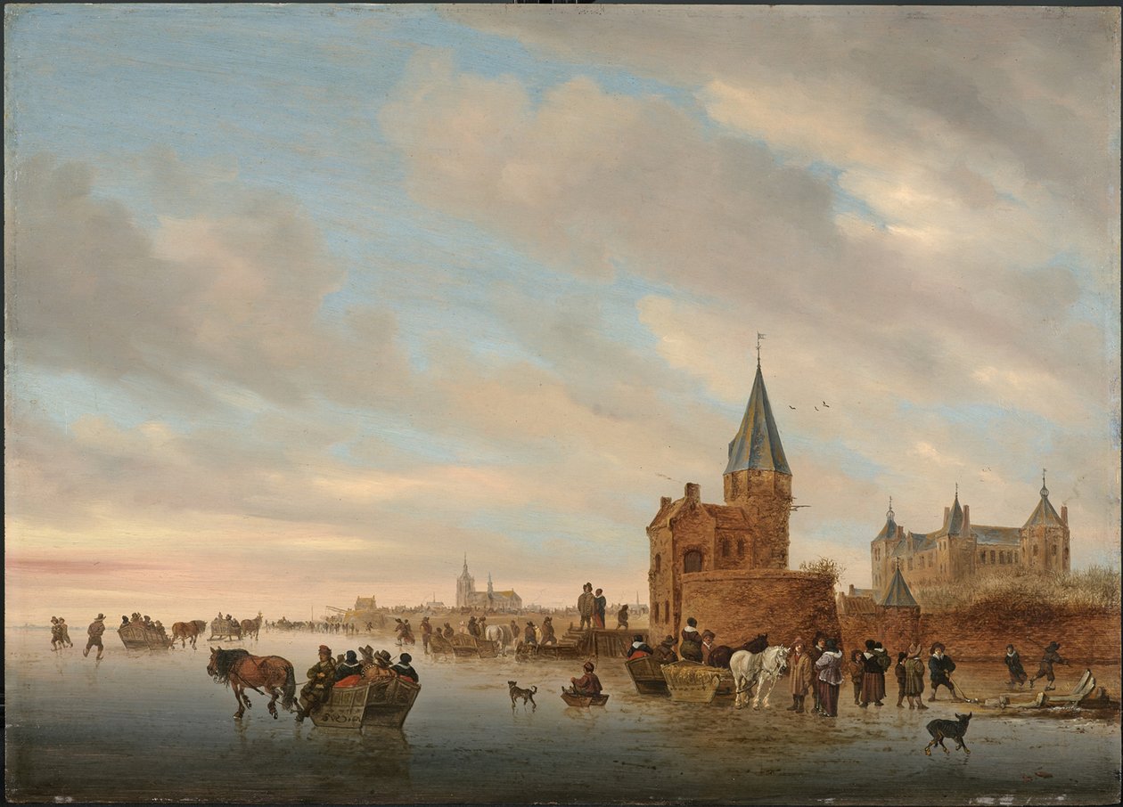Vinterlandskab med isfornøjelser foran en Capriccio fra byen Arnheim, 1652 af Salomon van Ruisdael or Ruysdael