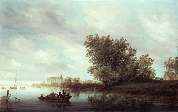 Skovklædt flodlandskab med et slot (olie på panel) af Salomon van Ruisdael or Ruysdael