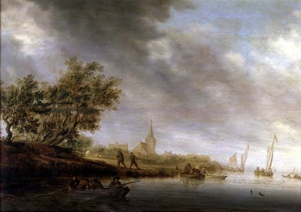 Skovklædt flodlandskab med pramme af Salomon van Ruisdael or Ruysdael