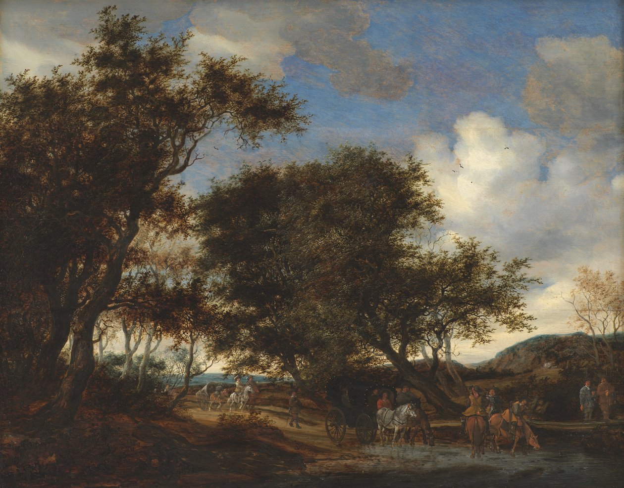 Landskab med rejsende, der vander deres heste af Salomon van Ruysdael