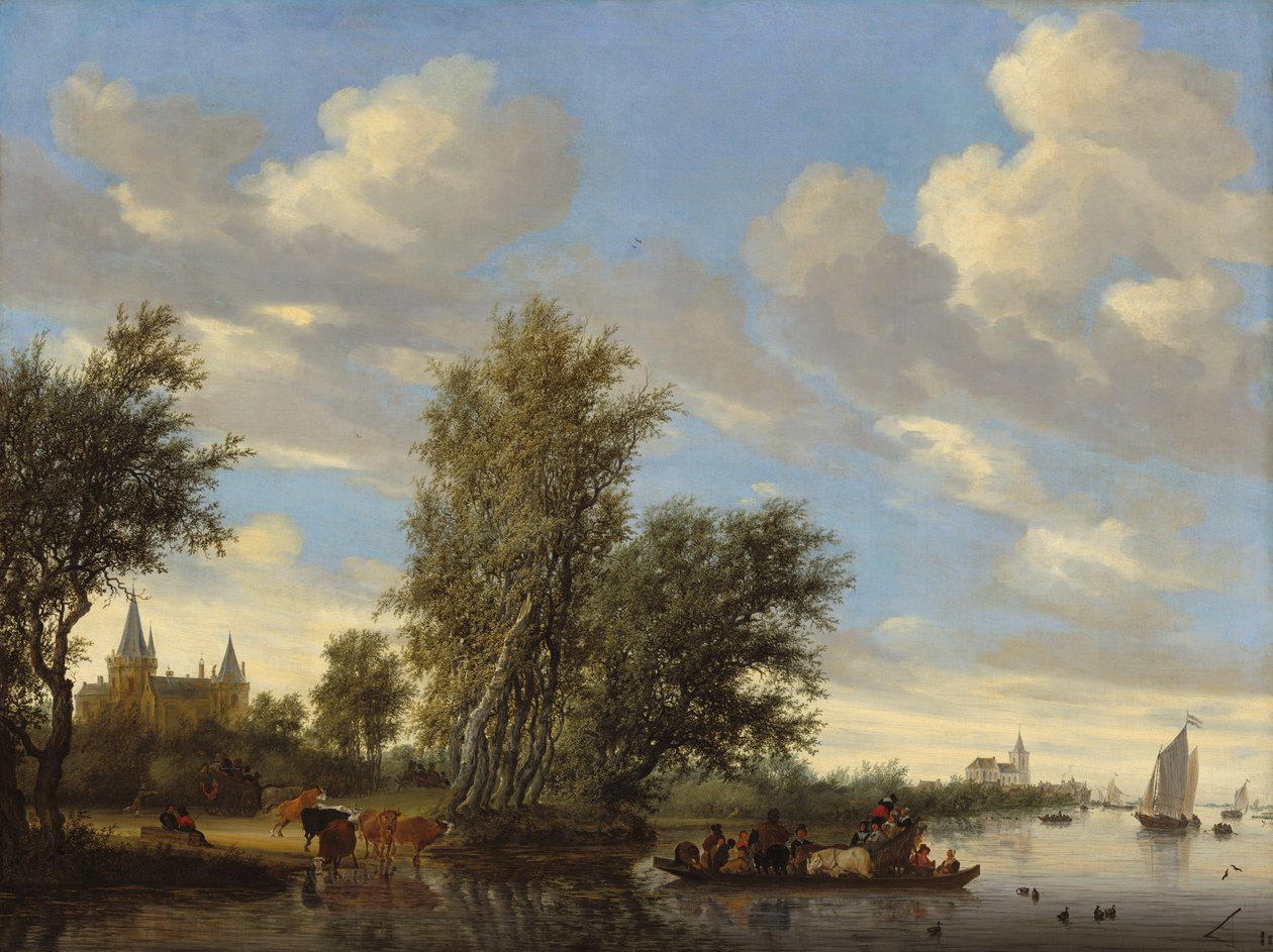 Flodlandskab med færge af Salomon van Ruysdael