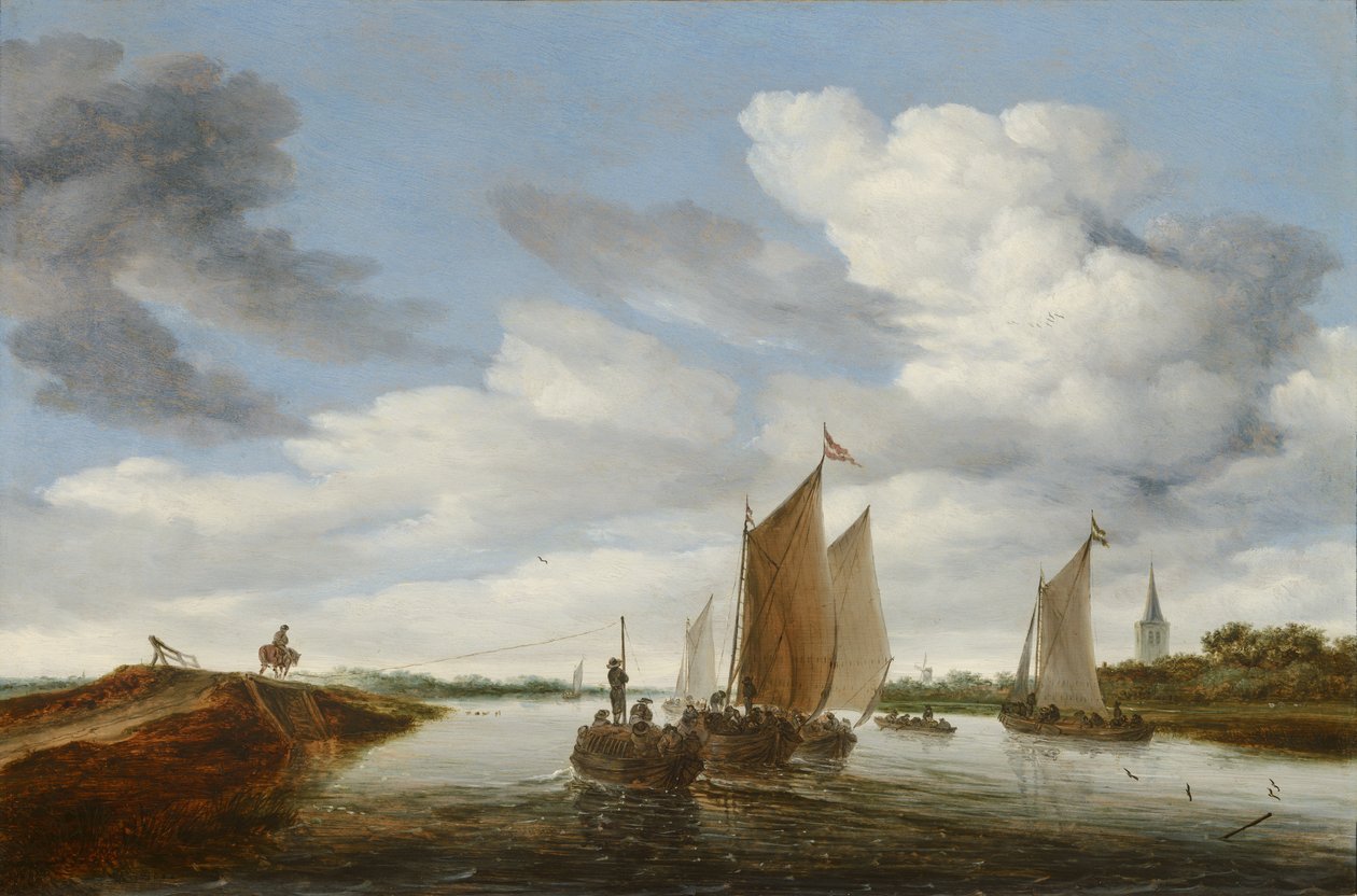 Flodlandskab med sejlbåde og en hestetrukken pram af Salomon van Ruysdael