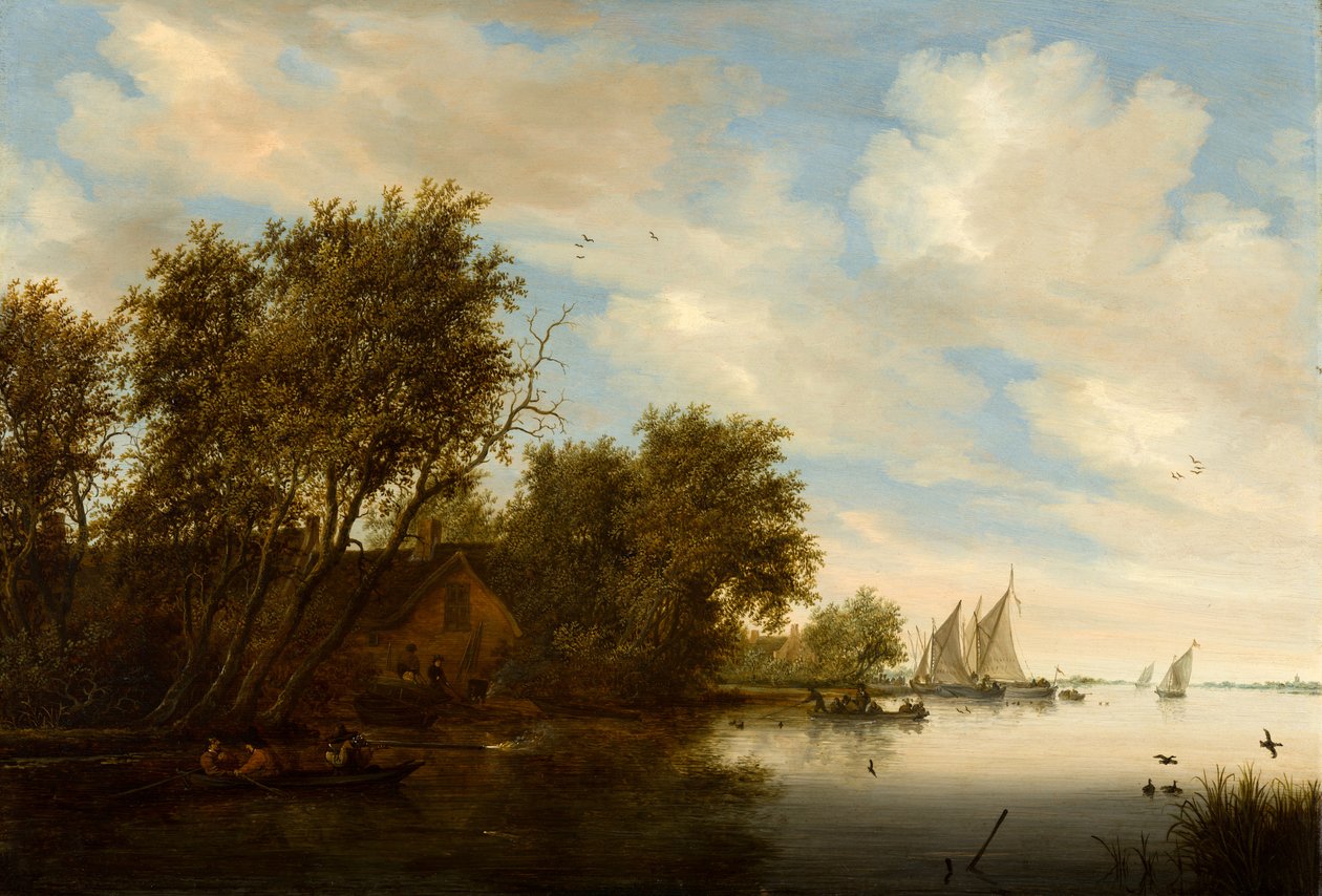 Flodudsigt med en mand, der jager ænder af Salomon van Ruysdael