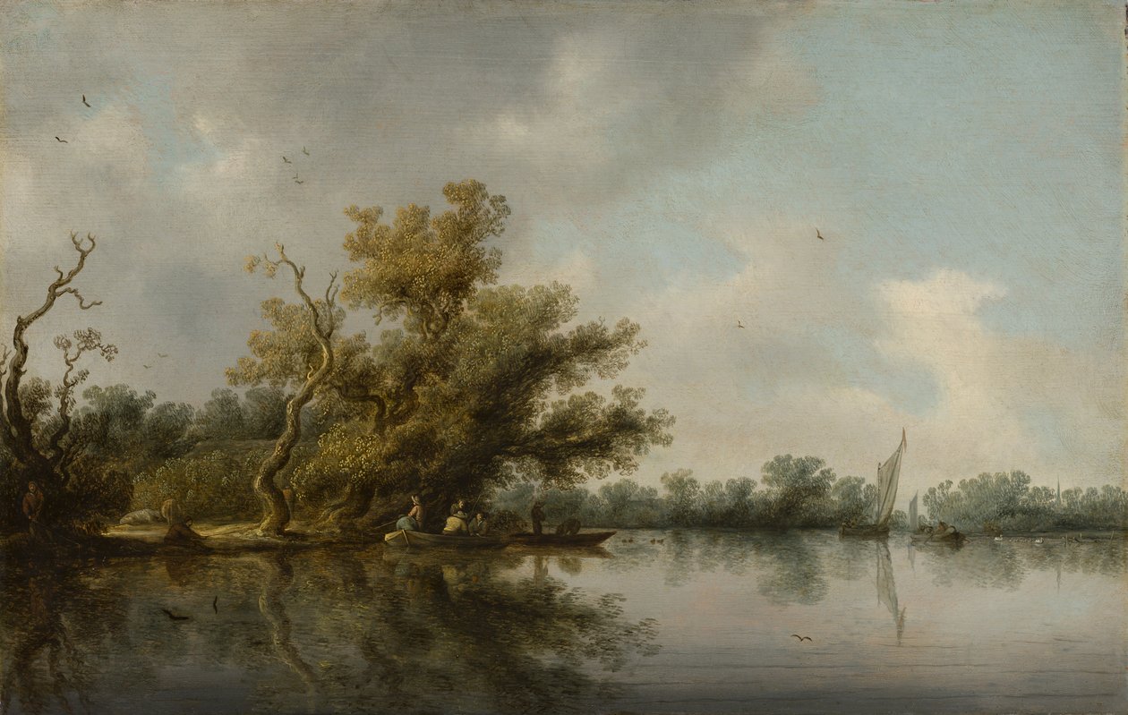 Flodbred med gamle træer af Salomon van Ruysdael