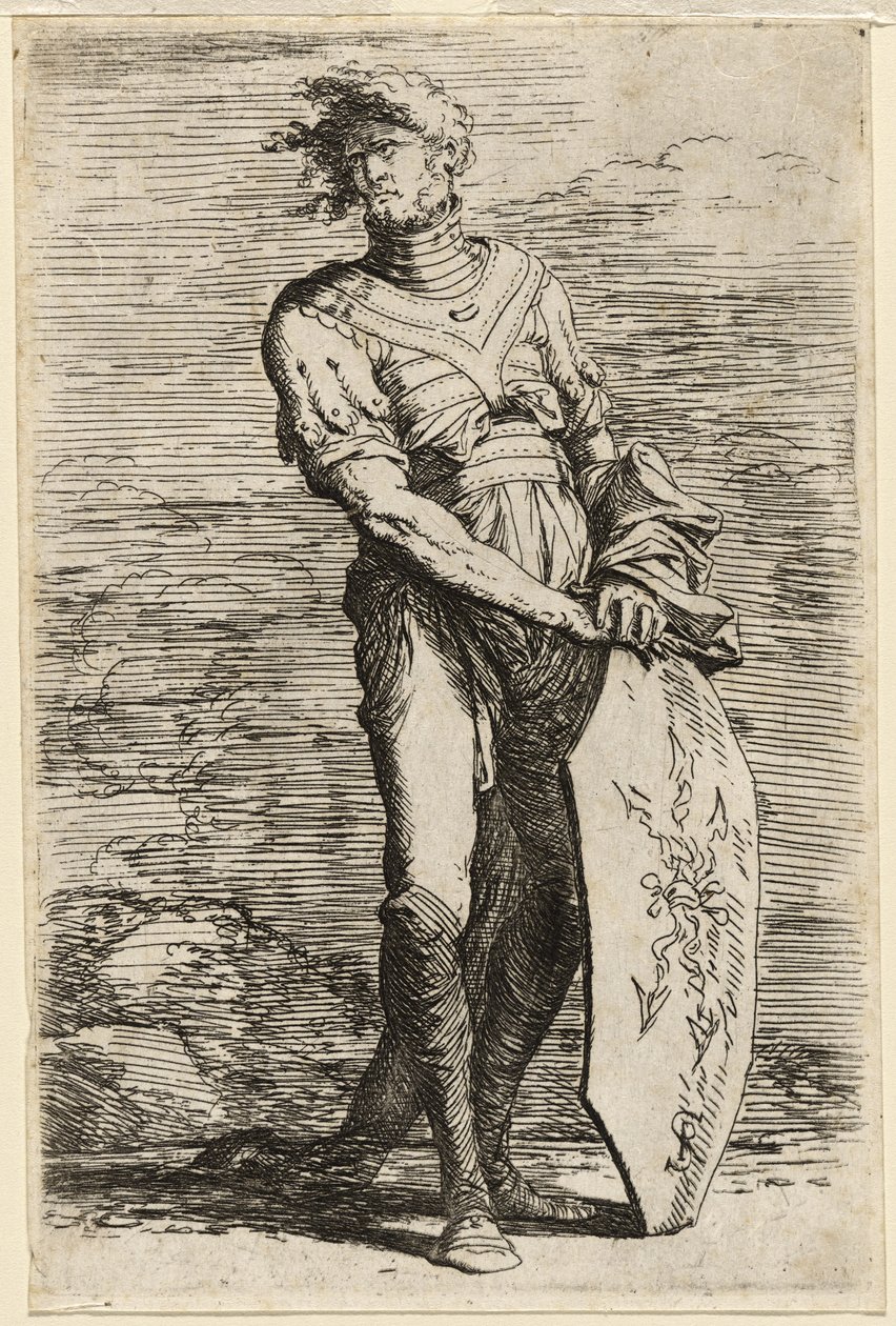 En stående kriger holder et langstrakt ottekantet skjold, ca. 1656-57 (ætsning på lagt papir) af Salvator Rosa