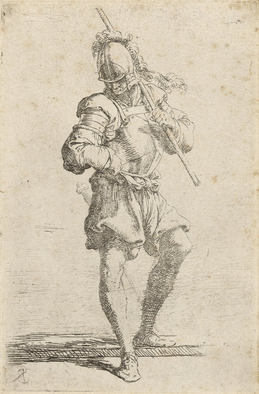 En kriger, der holder en stav over skulderen og træder ned fra en lav afsats, ca. 1656-57 (ætsning med tørspids på lagt papir) af Salvator Rosa
