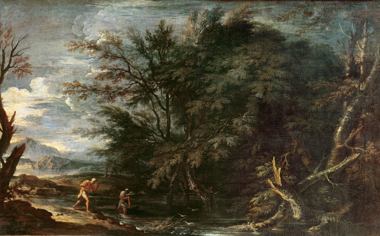 Landskab med Merkur og den uærlige skovmand, ca. 1650 af Salvator Rosa