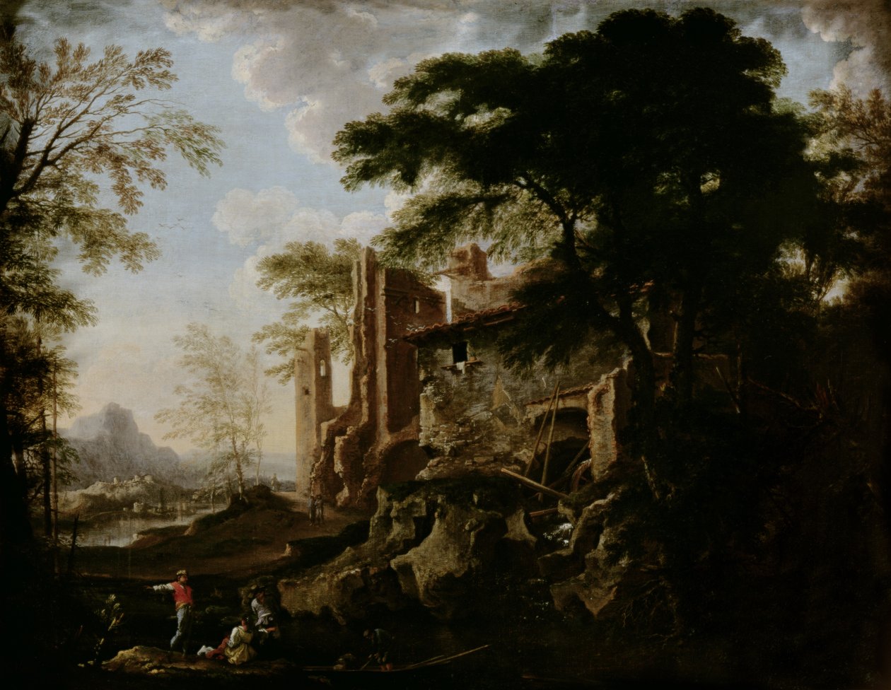 Landskab med en vandmølle af Salvator Rosa