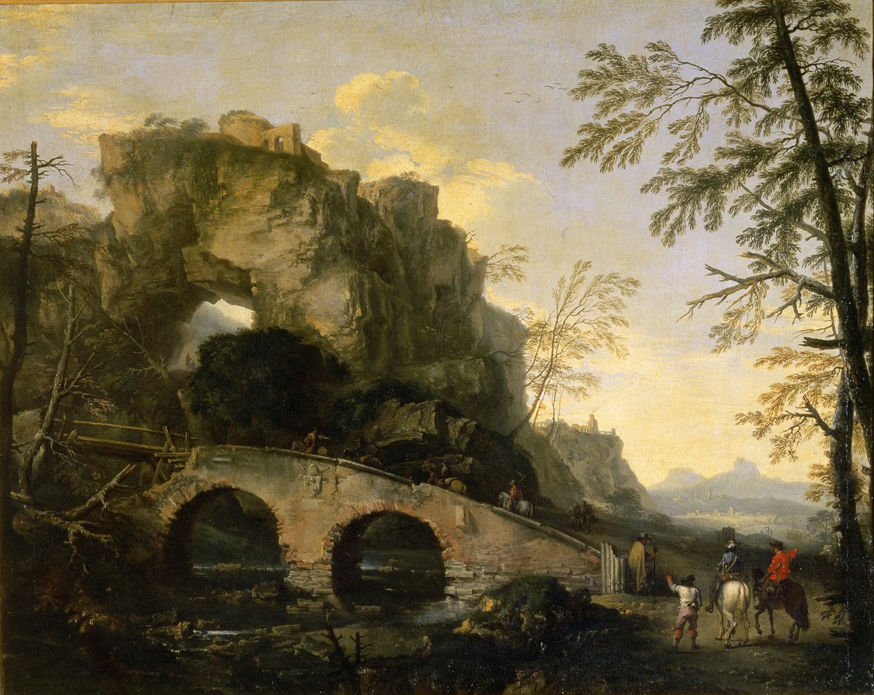 Landskab med en forfalden bro af Salvator Rosa