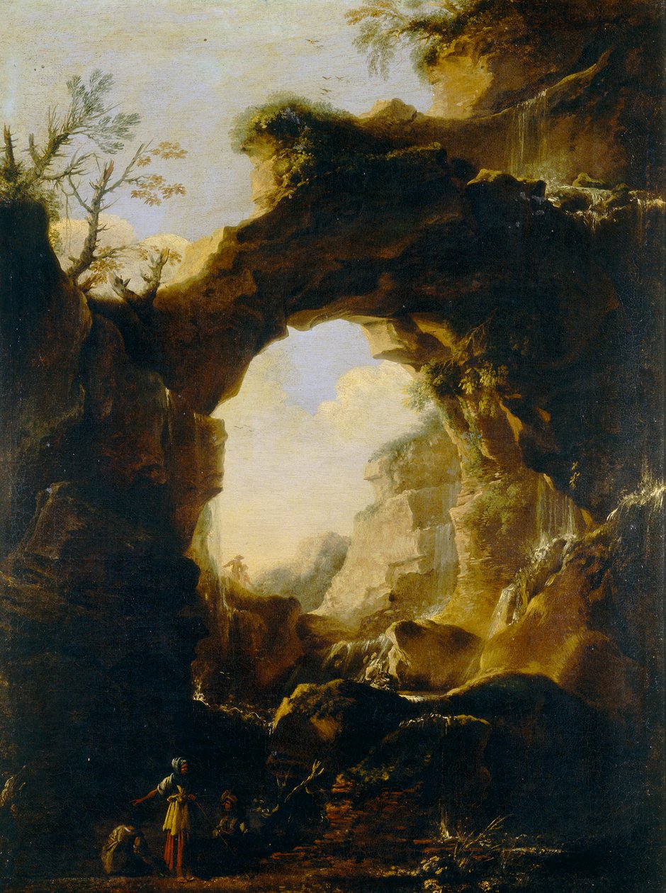 Landskab med bue og vandfald af Salvator Rosa