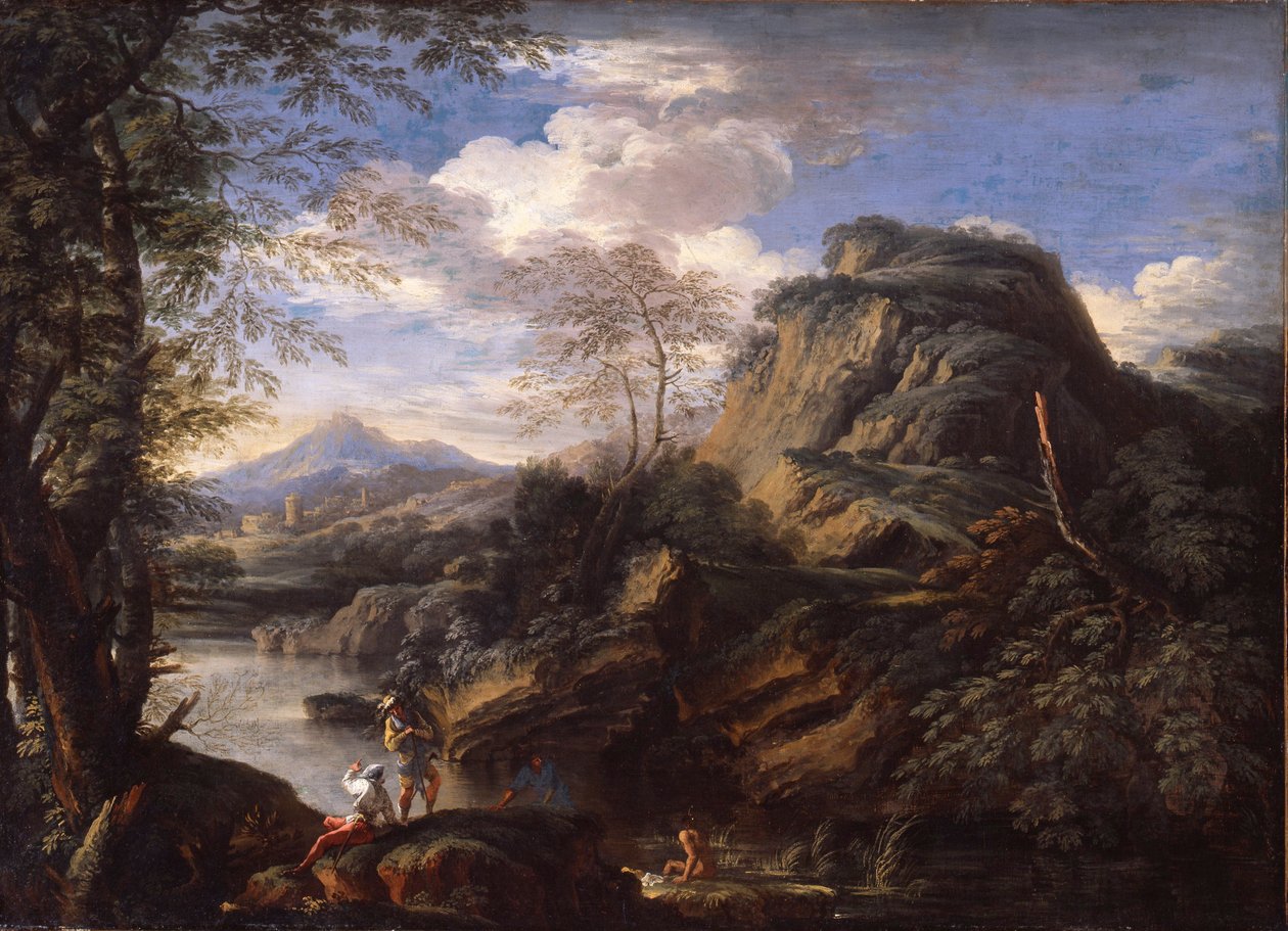 Bjerglandskab med figurer og en mand, der bader af Salvator Rosa