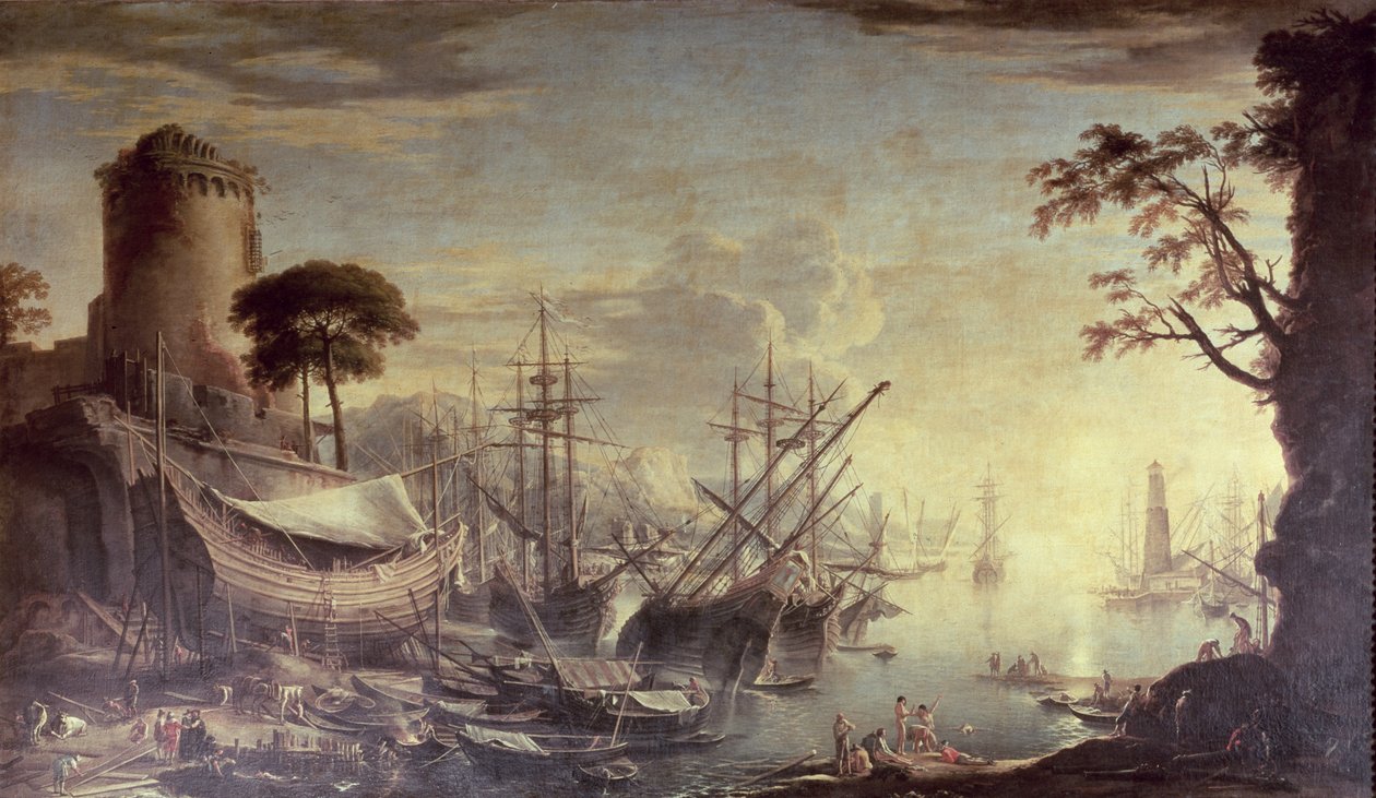 Havn ved solnedgang af Salvator Rosa
