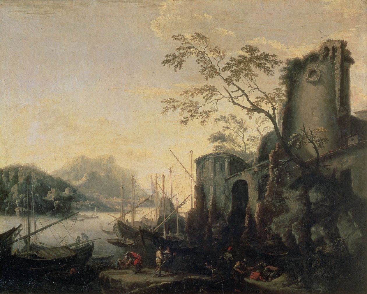 Flodlandskab med både og ruiner af Salvator Rosa