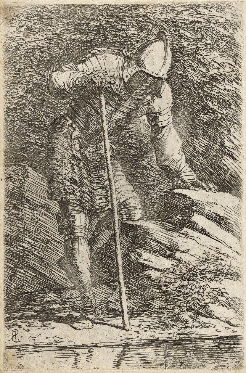 Soldat i hjelm og rustning vedrørende en strøm, ca. 1656-57 (ætsning på lagt papir med tørnål) af Salvator Rosa
