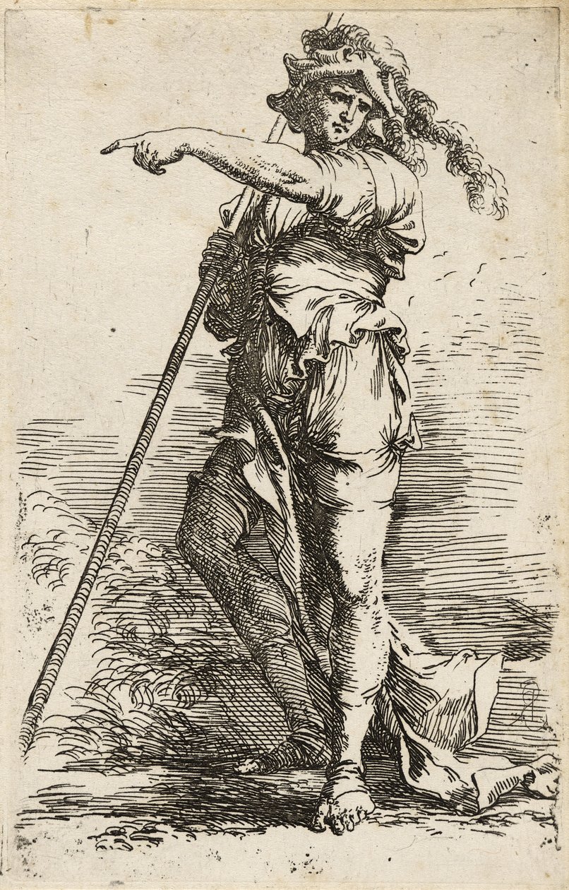 Stående kriger, holder en lang stav over skulderen og peger, ca. 1656-57 (ætsning med tørspids på lagt papir) af Salvator Rosa