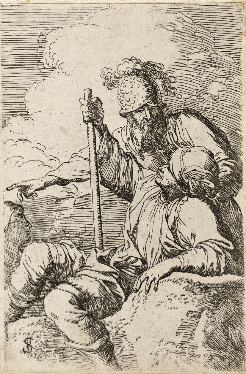 Tre krigere, den ene siddende på en klippe i forgrunden med en stav; den anden står bag ham og peger; den tredje set som et ansigt bag dem, ca. 1656-57 (ætsning med drypoint på lagt papir) af Salvator Rosa