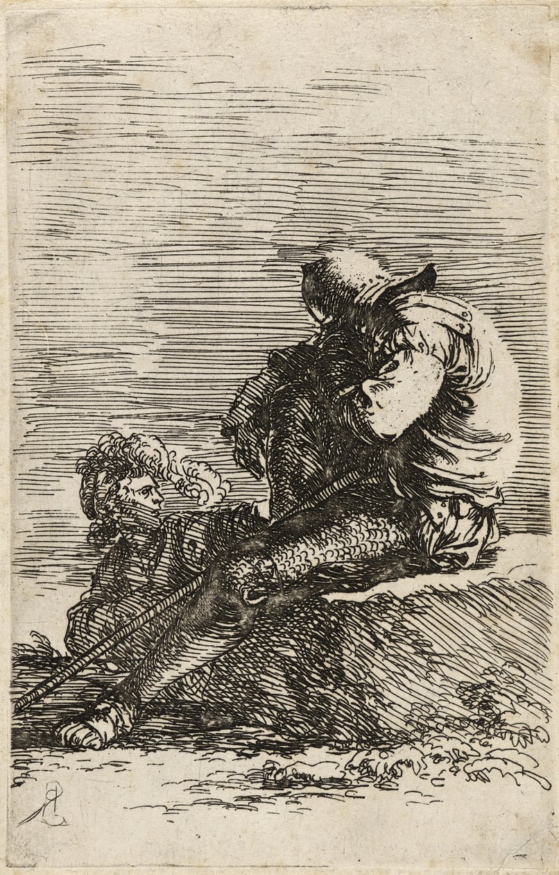 To soldater, den ene siddende på en afsats med en stok, ca. 1656-57 (ætsning på lagt papir) af Salvator Rosa