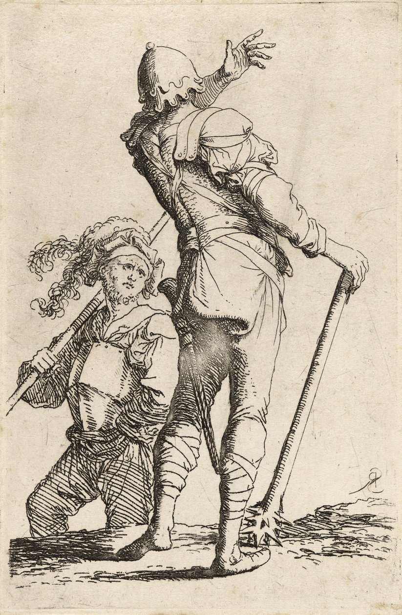 To krigere, den ene holder en mace og vender sig for at vinke den anden, ca. 1656-57 (ætsning med tørspids på lagt papir) af Salvator Rosa