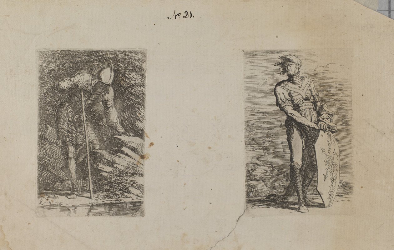 (Figurine Series) Pansret mand kigger ned i vandløb af Salvator Rosa