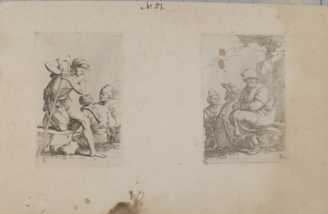 (Figurserie) Mand knælende med et ben på en klippe af Salvator Rosa