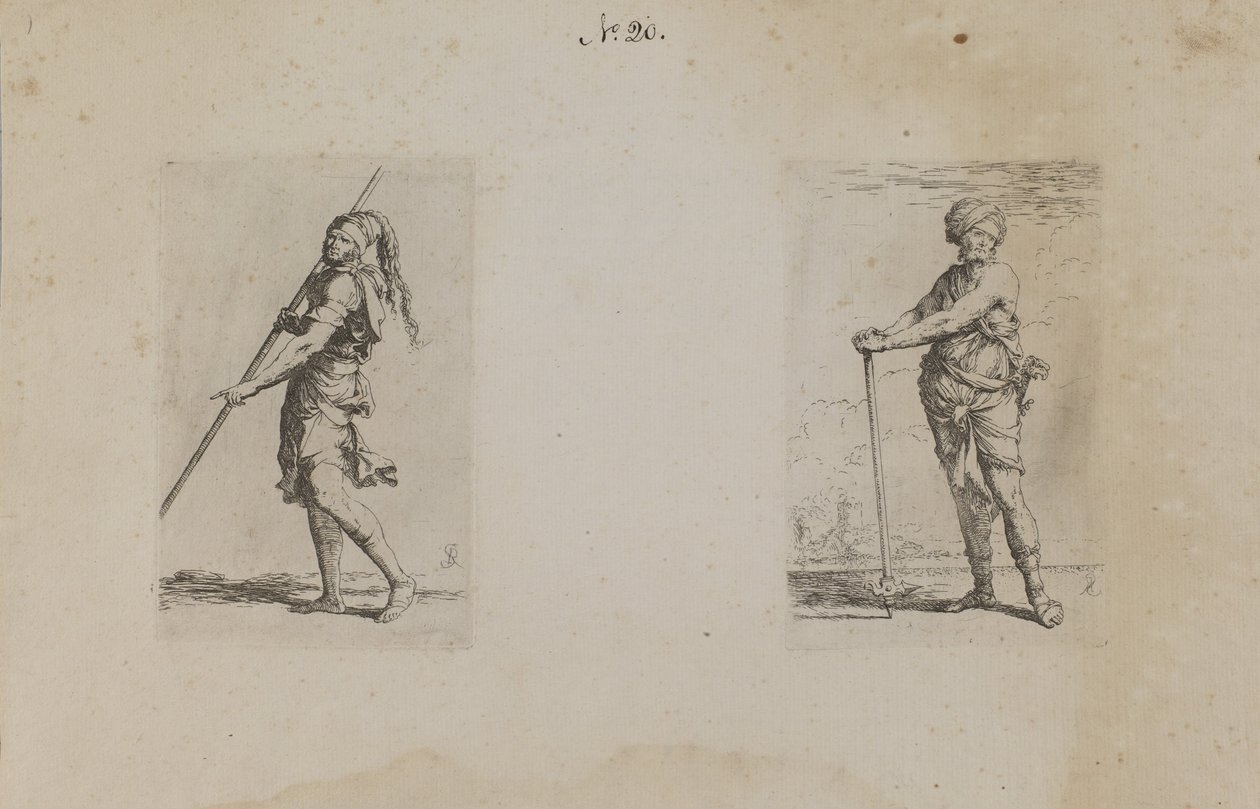 (Figurine Series) Mand med fjerklædt hat, set fra siden af Salvator Rosa