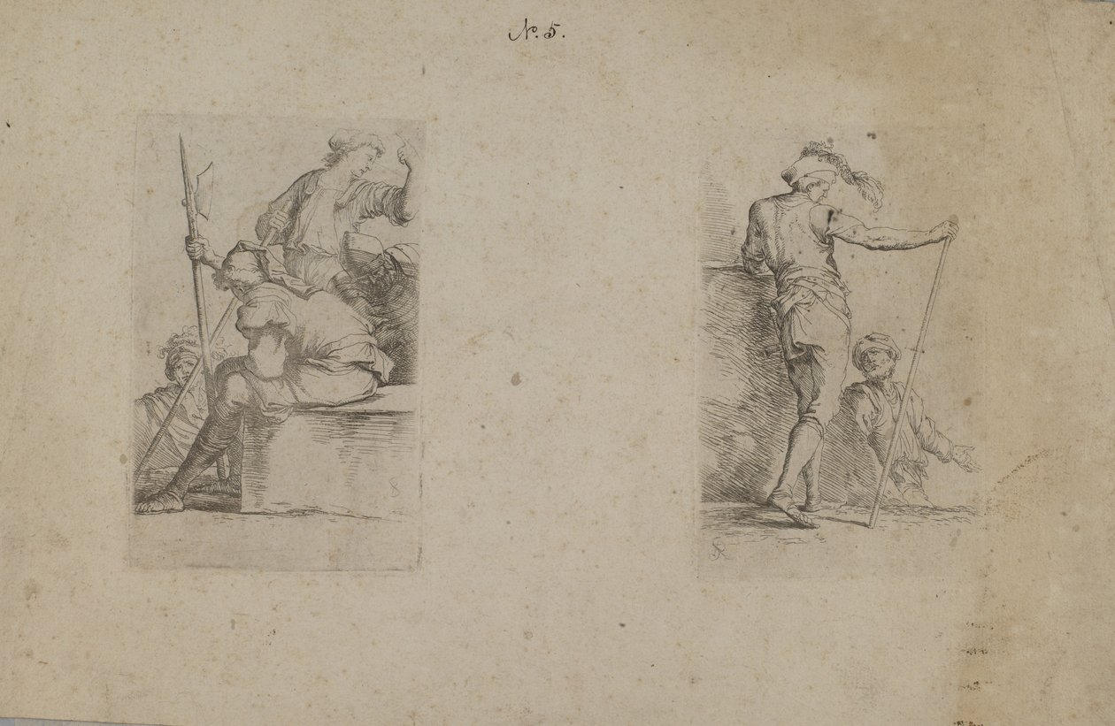 (Figurserie) Siddende mand, set bagfra, med økse i hånden af Salvator Rosa