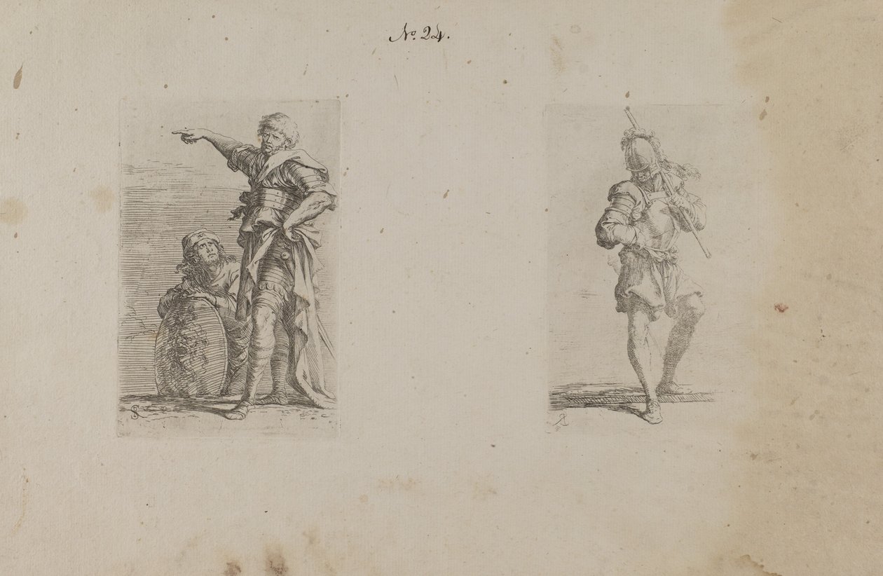 (Figurserie) To mænd, den ene peger til venstre, den anden knæler af Salvator Rosa