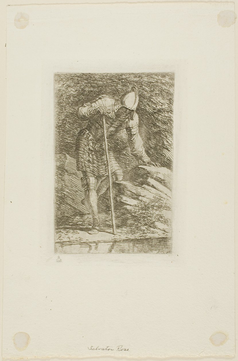 En kriger i fuld rustning i en grotte af Salvator Rosa
