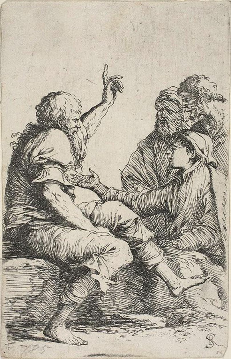En skægget gammel mand, der sad på en klippe og gjorde en hortatorisk gestus mod tre mænd over for ham, fra Figurine-serien af Salvator Rosa