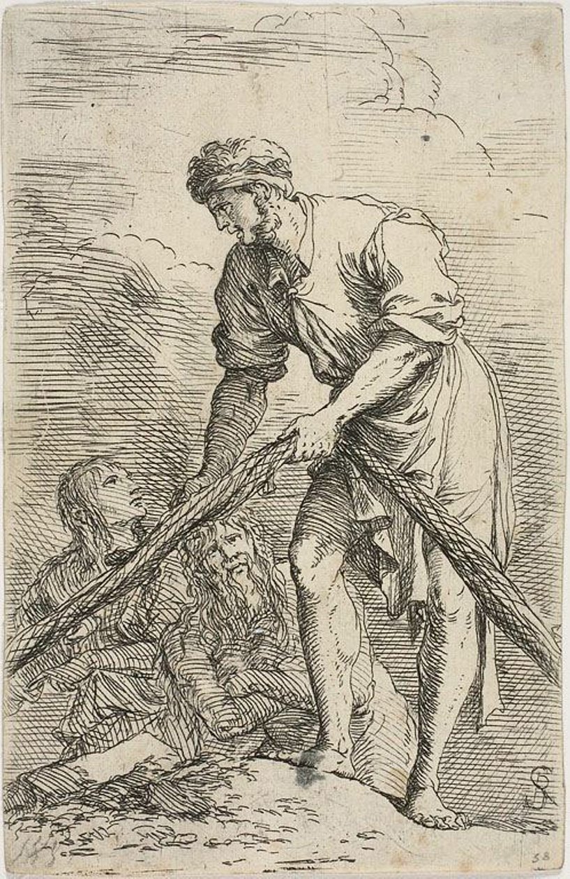 En mand, der trækker et net, med to figurer bag sig, fra Figurine-serien af Salvator Rosa
