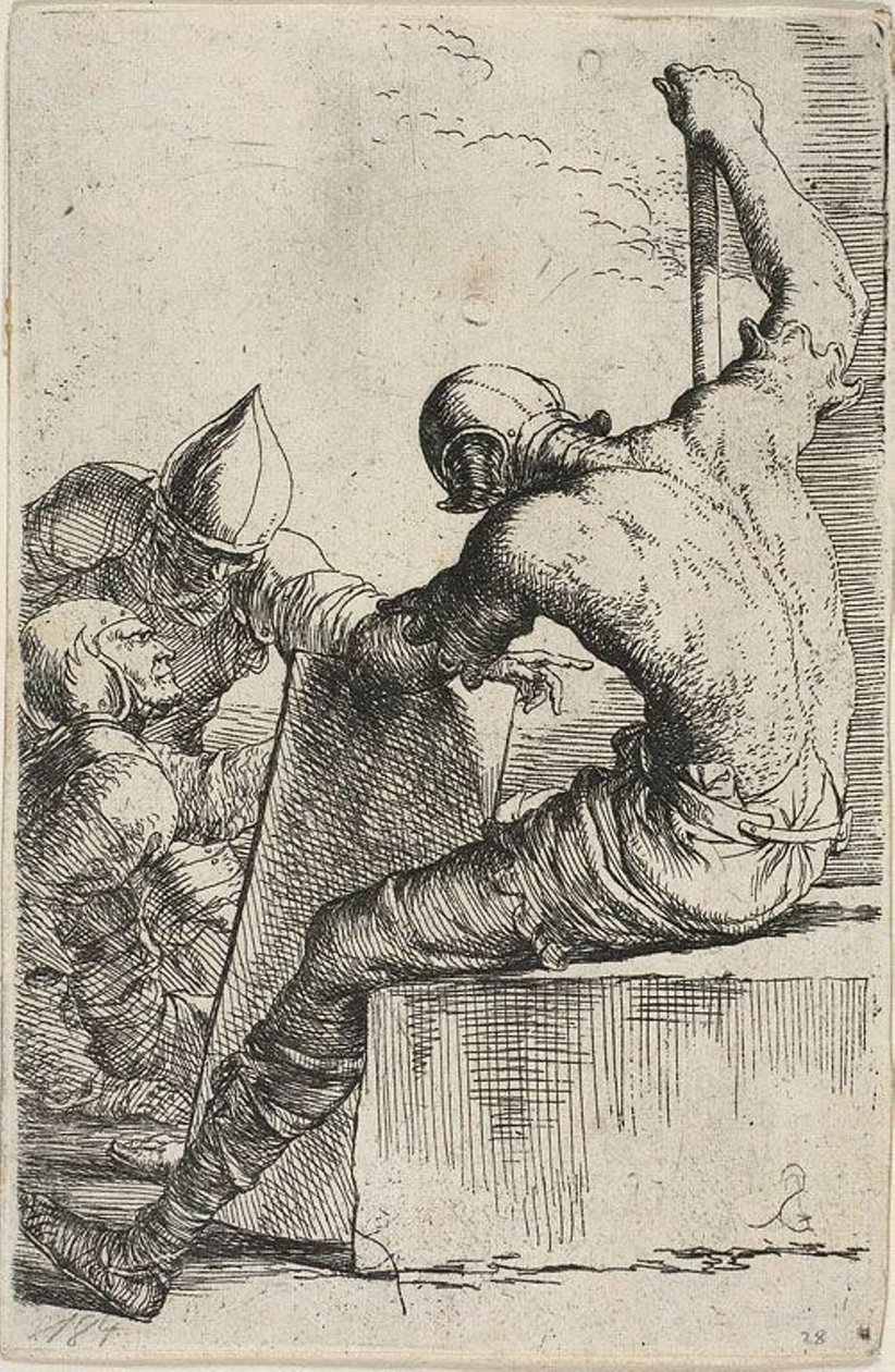 En kriger, der sidder på en forgrundsblok, holder et skjold og en stav og vender sig mod to krigere bag sig, fra Figurine-serien af Salvator Rosa
