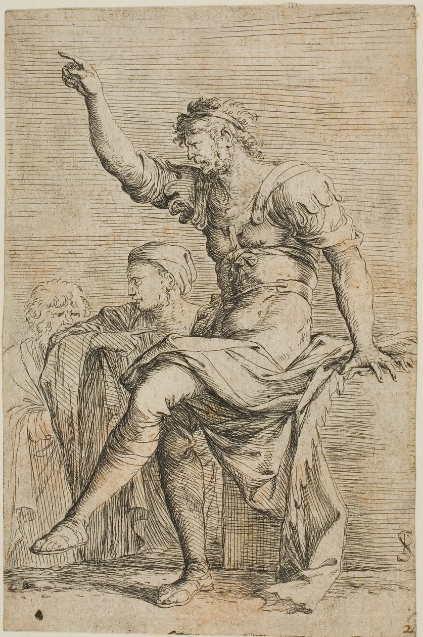En kriger sidder på en blok og gestikulerer; to figurer er bag ham, fra Figurine-serien af Salvator Rosa