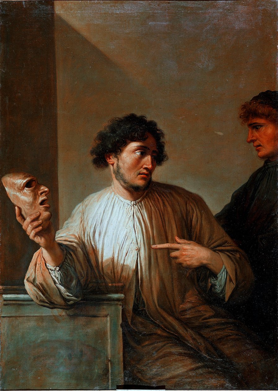 Allegorieløgn i form af en mand, der holder en maske. Maleri af Salvator (Salvatore) Rosa (1615-1673) 1651 søn. 136x96 cm Firenze, Palazzo Pitti af Salvator Rosa