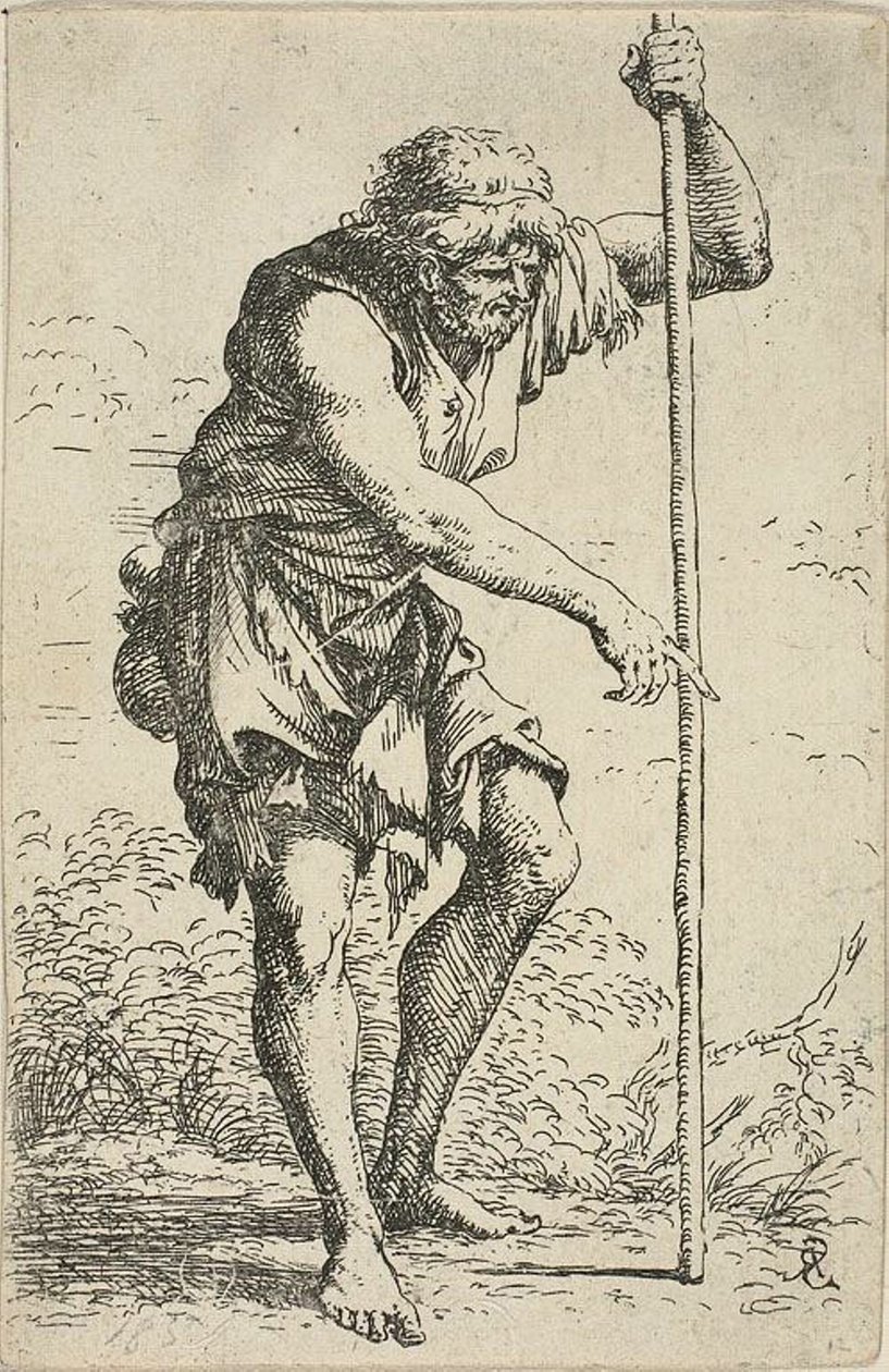 En gammel, pjaltet mand med en stav og en jord ved hoften, fra Figurina af Salvator Rosa