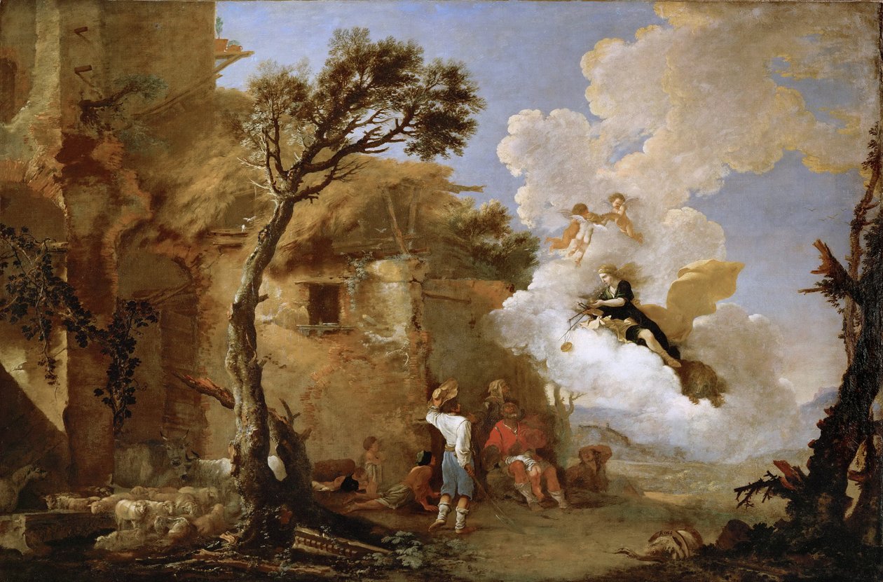 Astree (Astrape) quittant les bergers - The Return of Astraea, af Rosa, Salvatore (1615-1673). Olie på lærred, ca 1640-1645. Mål: 139,5x209 cm. Kunsthistorisk museum, Vienne af Salvator Rosa