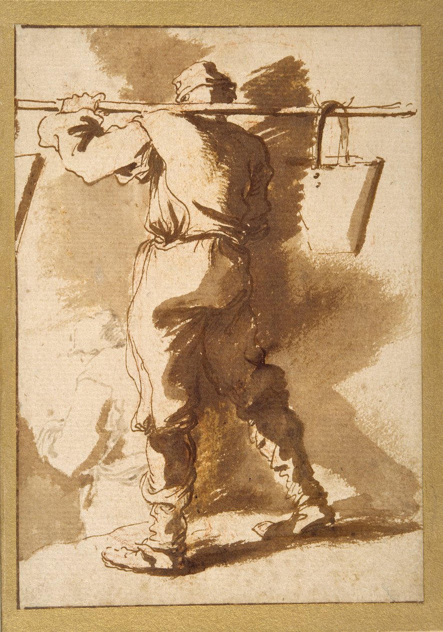 Baggrundsbillede af en vandbærer, en anden figur bagved ham (pen og blæk med vask over kridt på papir) af Salvator Rosa