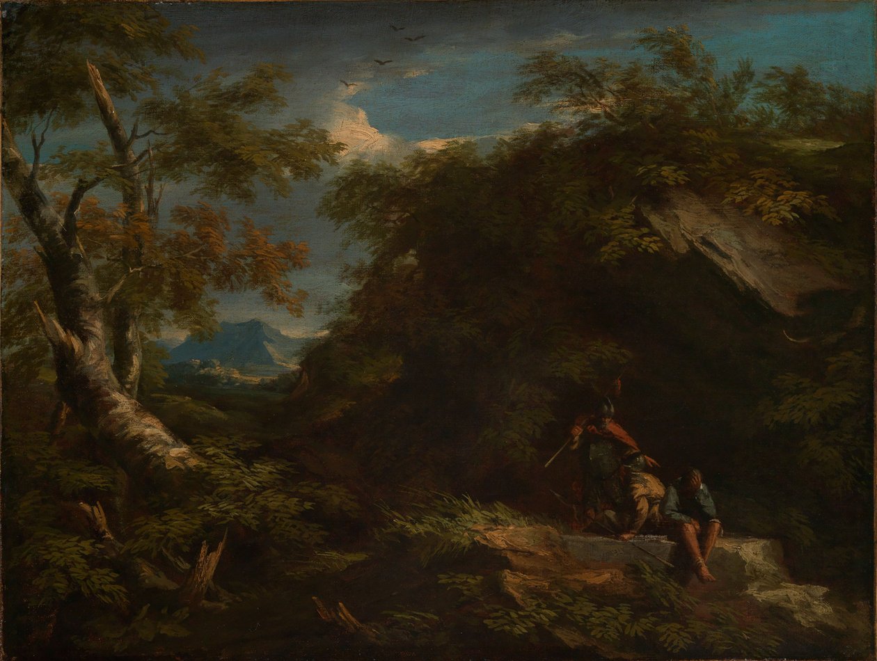 Bjergrigt skovlandskab med hvilende krigere af Salvator Rosa