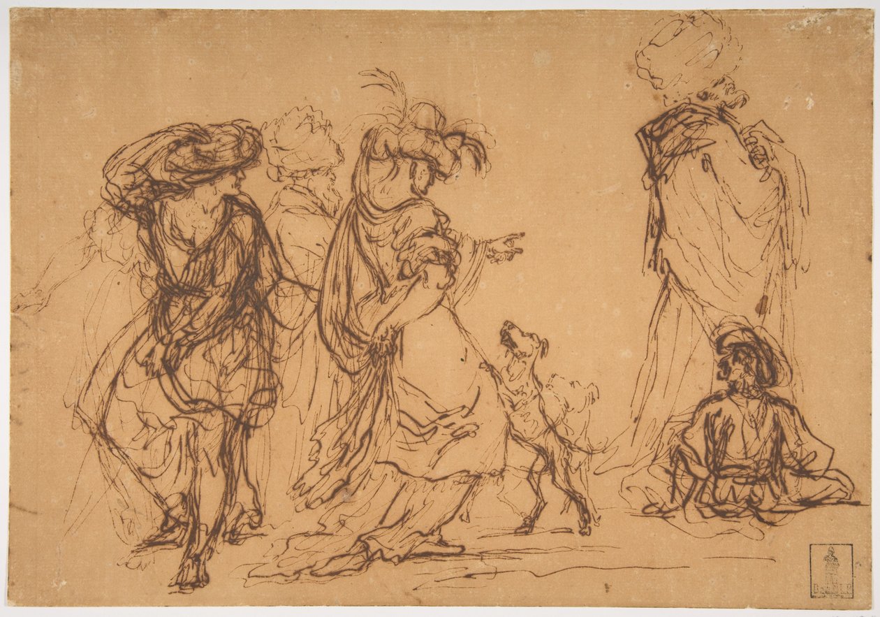 Fünf Figuren in fantastischen Kostümen mit zwei Hunden af Salvator Rosa