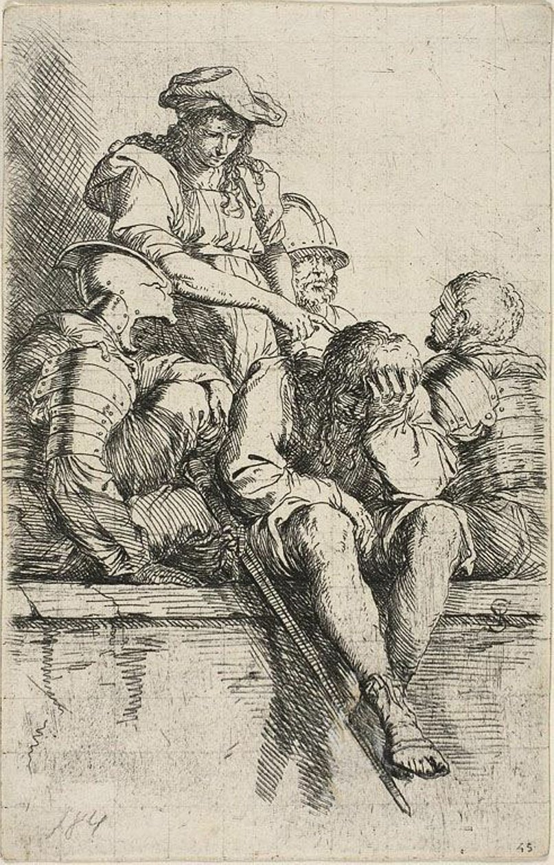 Fire krigere og en stående ungdom, der peger ned på en af dem, fra Figurine-serien af Salvator Rosa