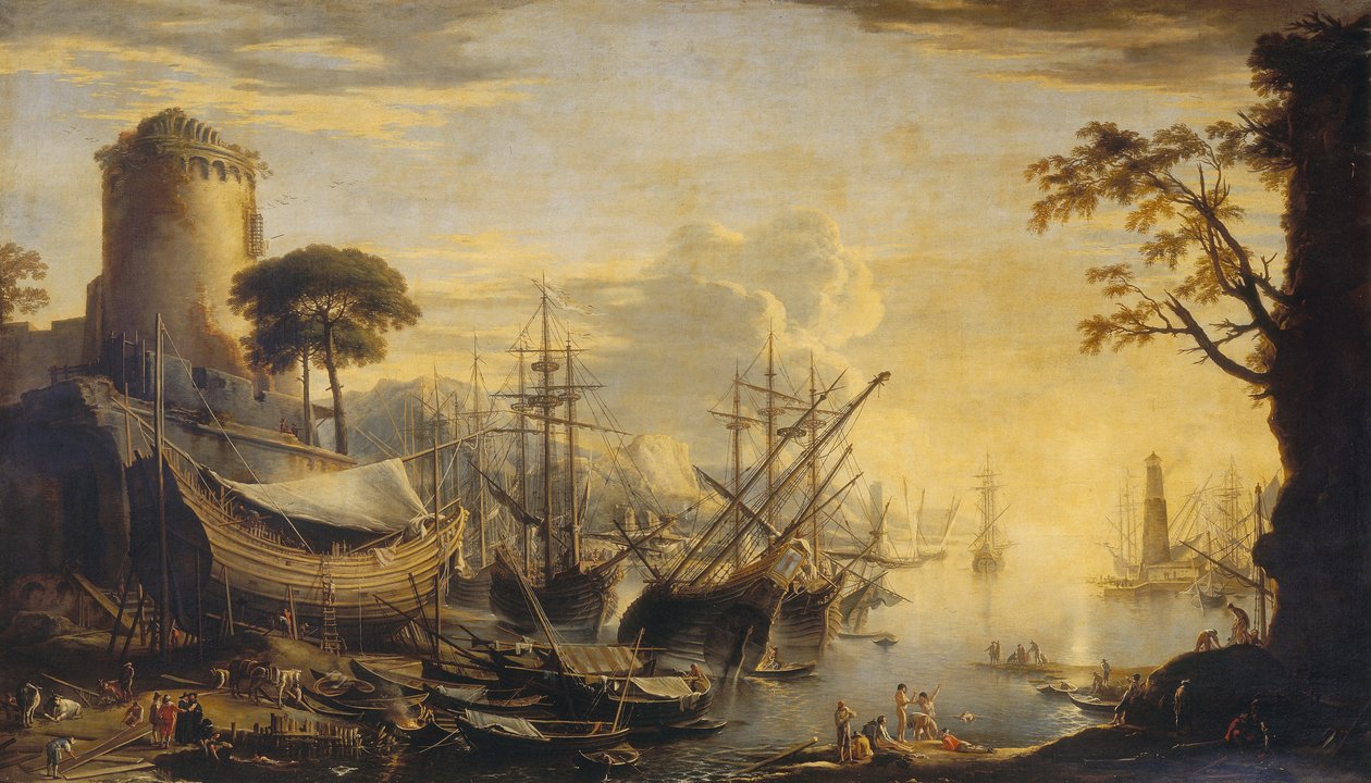 Havn ved solnedgang af Salvator Rosa