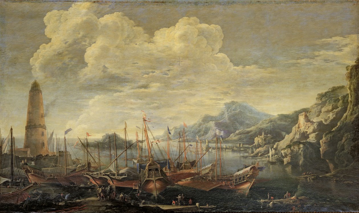Havn med Fyr og Skibe af Salvator Rosa