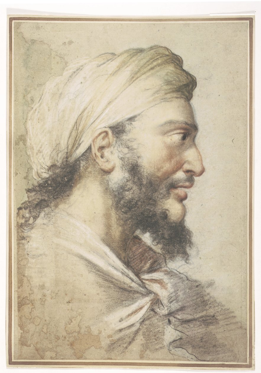 Hovedet af en skægget mand i profil til højre iført turban af Salvator Rosa